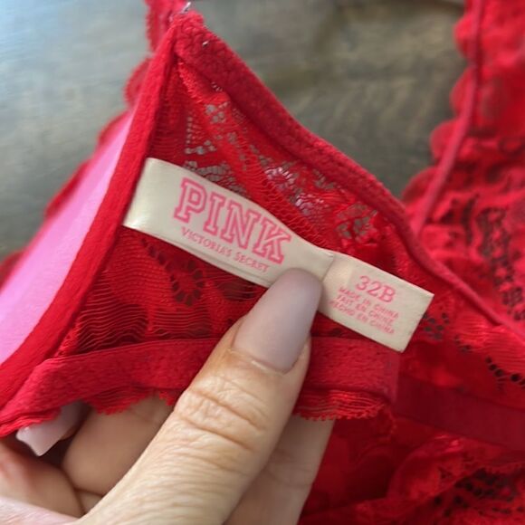 Pink Victorias Secret red lace date racerback wired bra padded Sz-32B - Picture 9 of 12